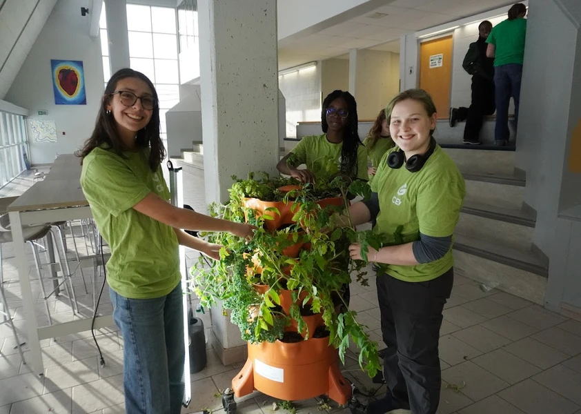 Des élèves devant une station de plantes vertes